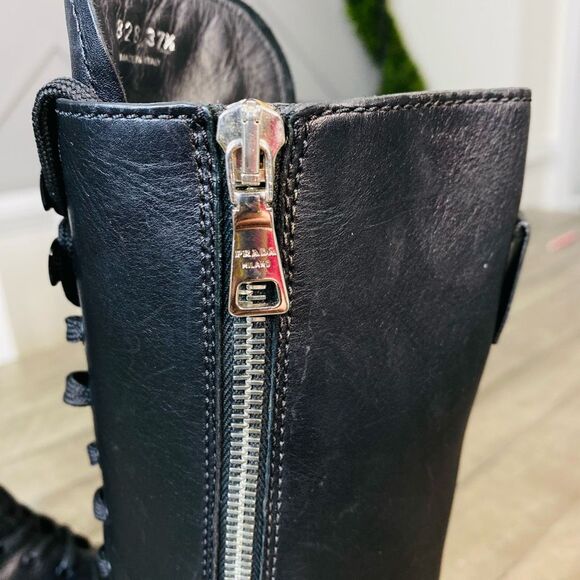 Prada Lug-Sole Tall Leather Combat Boots Size 7 (37.5) - Picture 8 of 15